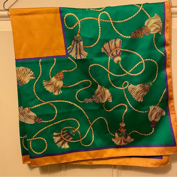 Emeraude Scarf in Satin Made in Italy Green Gold and Purple Tassel Design - Picture 2 of 4